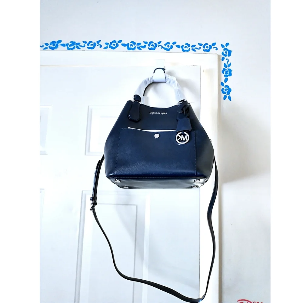 New! MICHAEL KORS Leather Greenwich Large Grab Bag Handbag Crossbody Navy Blue